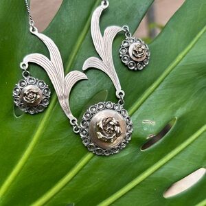 Antique Victorian Silver & Rose Gold accents Marcasite Rose dangle drop necklace